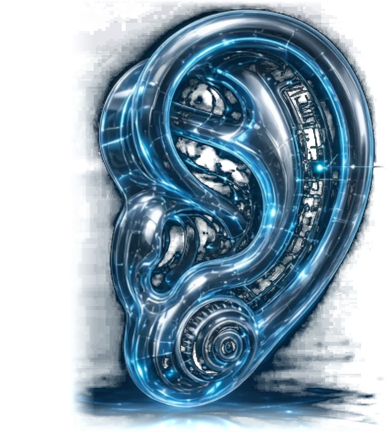 Glass and chrome ear with glowing blue circuitry and a spiral cochlea
