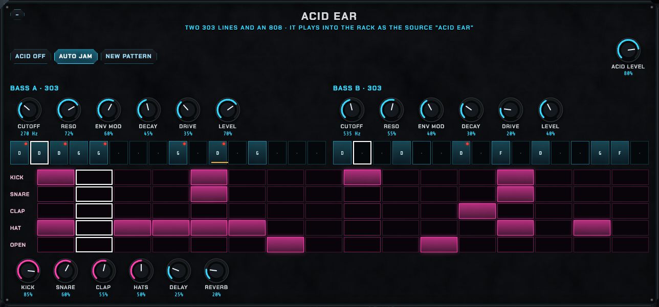 The Acid Ear panel: two 303 bass lines and an 808 drum pattern, with on, auto jam and new pattern buttons and knobs for each bass line.