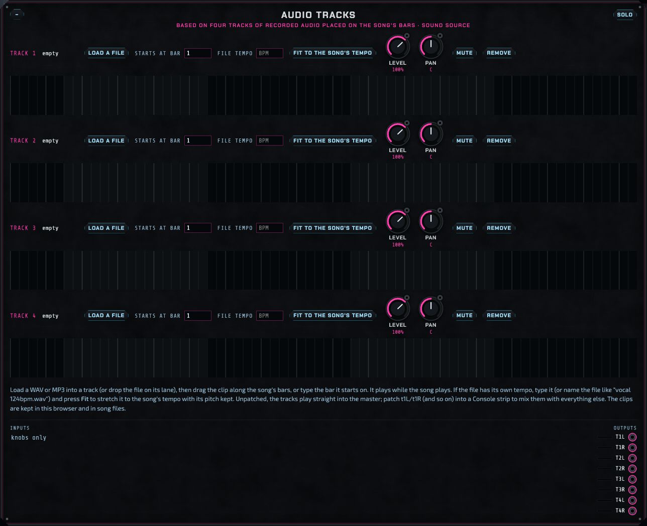Audio tracks: four tracks, each with Load a file, the bar it starts on, the file's tempo with a Fit button, Level and Pan knobs, Mute and Remove, and a lane showing the clip on the song's bars.