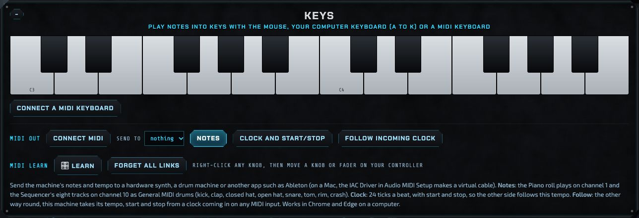 The Keys panel: an on-screen piano, a Connect a MIDI keyboard button, and the MIDI out row with Connect MIDI, Send to, Notes, Clock and start/stop, the MIDI learn row, and Follow incoming clock.