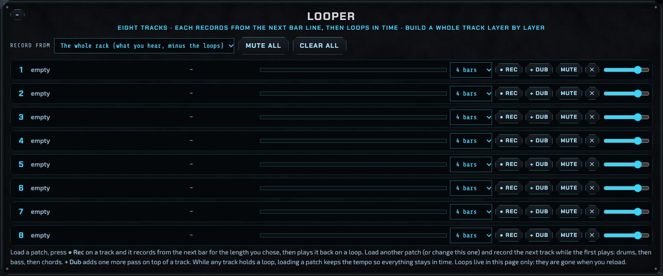 The Looper: a record-from selector, Mute all and Clear all, and eight tracks each with a name, its state, progress, a length selector, record, overdub, mute and clear buttons and a volume.