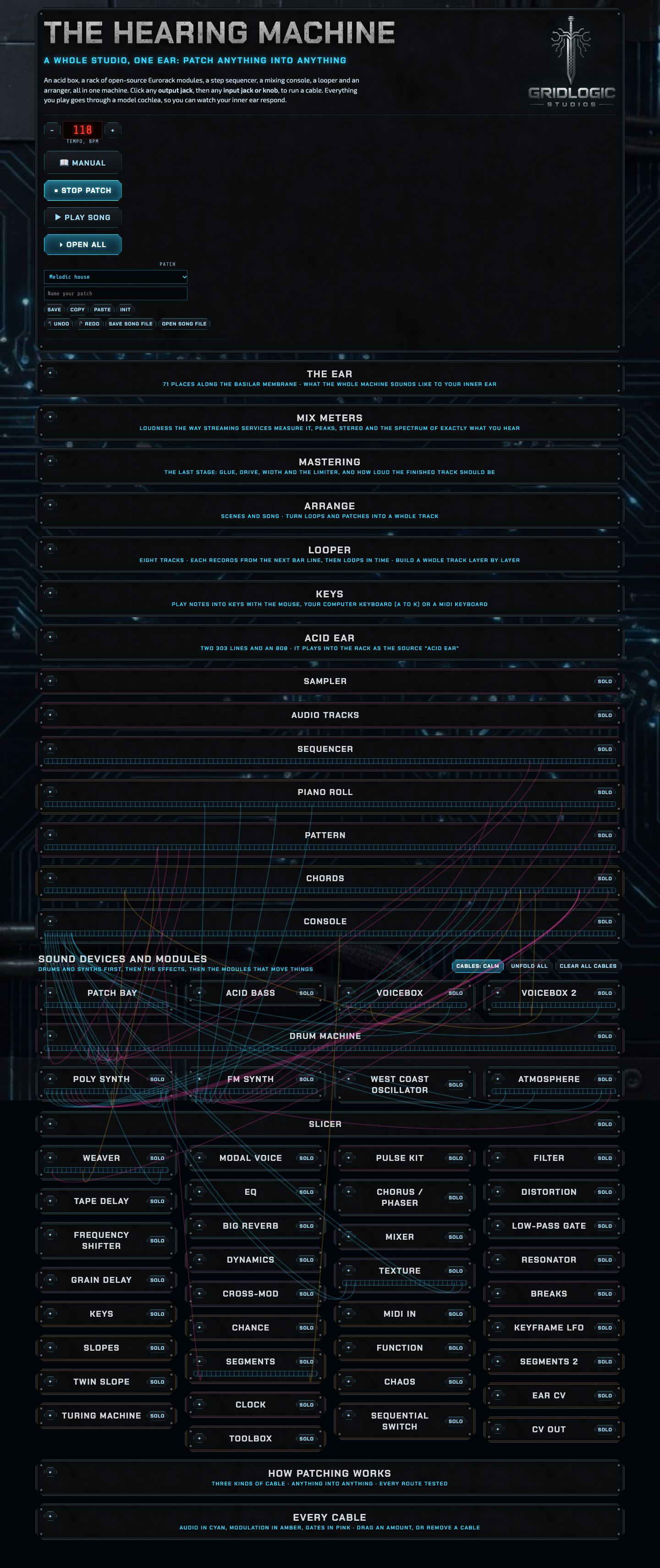 The whole machine with every section folded to its title: the top box, the ear, mix meters, mastering, the sampler, arrange, audio tracks, looper, sequencer, piano roll, pattern, chords, console, then the rack of sound devices and modules, keys, the acid box, the patching guide and the cable list.
