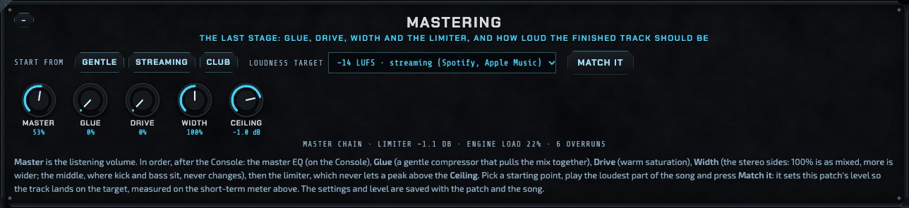 The mastering panel: Start from Gentle, Streaming or Club; a loudness target list; a Match it button; knobs for Master, Glue, Drive, Width and Ceiling; and the master chain readout with the limiter and the engine load.