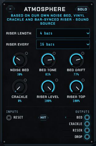 The Atmosphere module: noise bed, bed tone, bed drift, crackle, riser length, riser every, riser level, riser top.