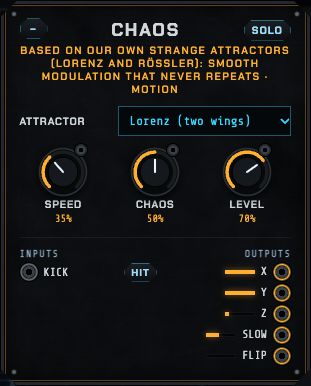 The Chaos module: attractor, speed, chaos and level, with x, y, z, slow and flip outputs.