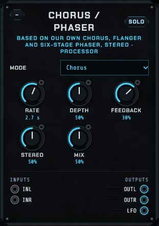 The Chorus / phaser: mode, rate, depth, feedback, stereo and mix.