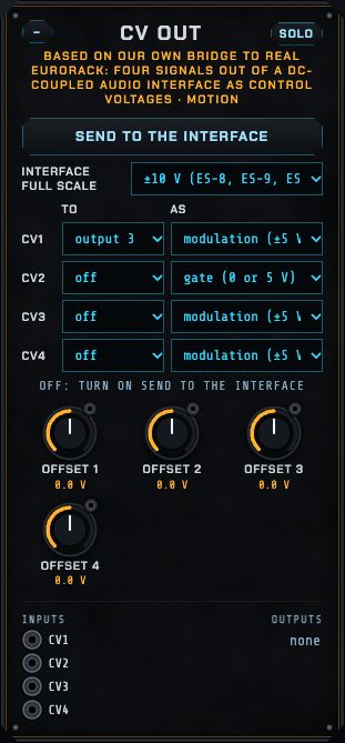 CV out: send to the interface, interface full scale, and for four channels the output, mode and offset.