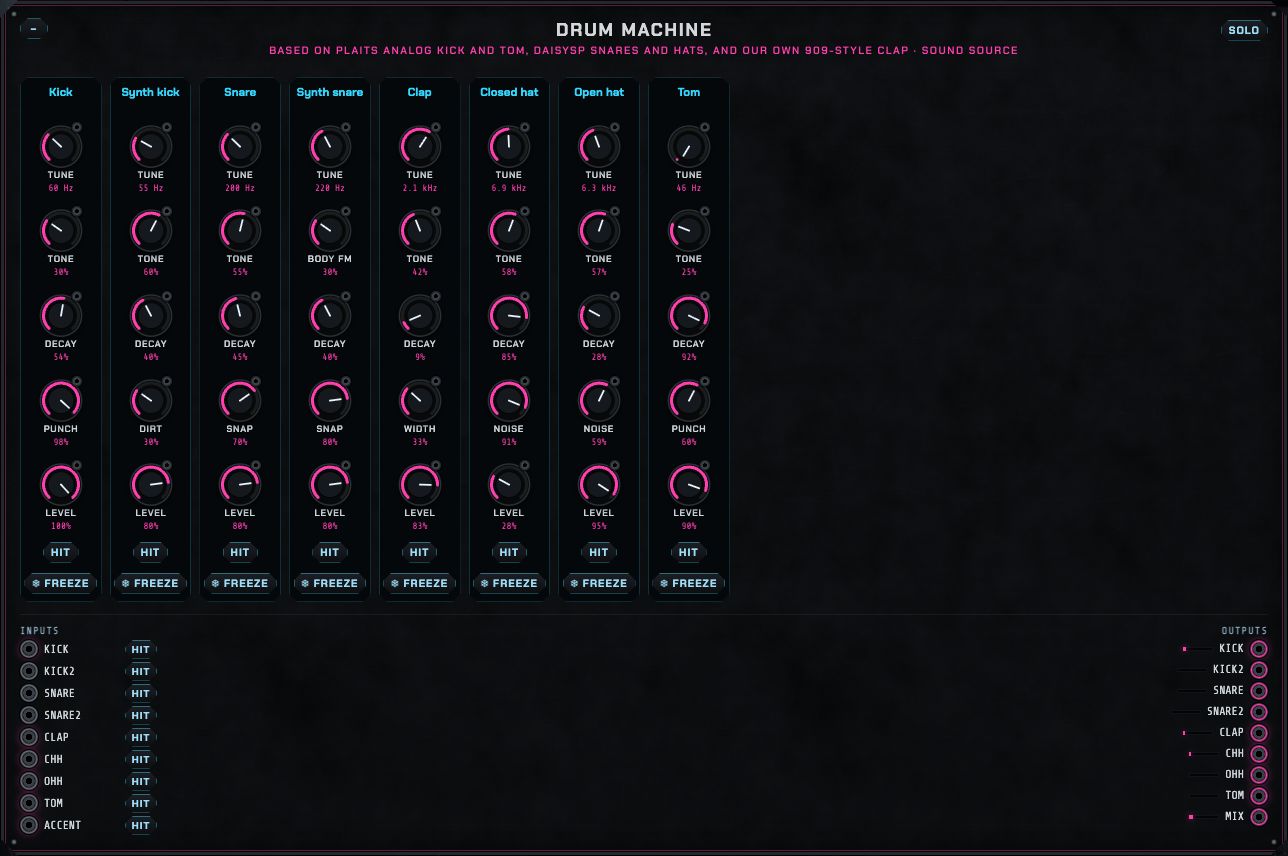 The Drum machine: eight channel strips (Kick, Synth kick, Snare, Synth snare, Clap, Closed hat, Open hat, Tom), each with tune, tone, decay, a character knob and level.