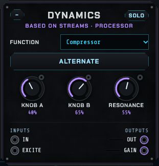 The Dynamics module: function selector, knobs A and B, resonance and an Alternate button.