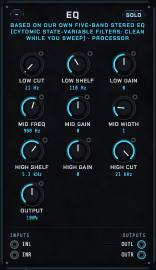 The EQ: low cut, low shelf and gain, mid frequency, gain and width, high shelf and gain, high cut, output.