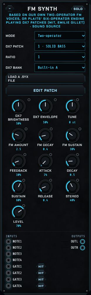 The FM synth: mode, DX7 patch, DX7 bank, load a .syx file, edit patch, and knobs for DX7 brightness and envelope, tune, ratio, FM amount, FM decay, FM sustain, feedback, the envelope, stereo and level.