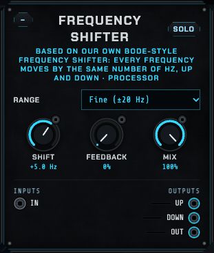The Frequency shifter: range, shift, feedback and mix, with up, down and out outputs.
