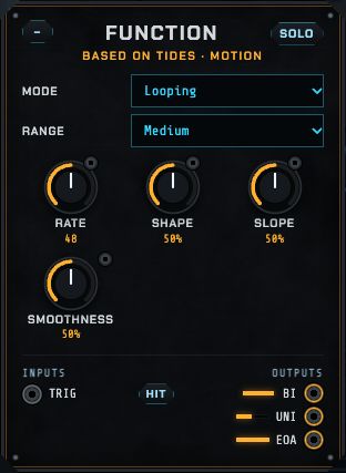 The Function module: mode, range, rate, shape, slope, smoothness.