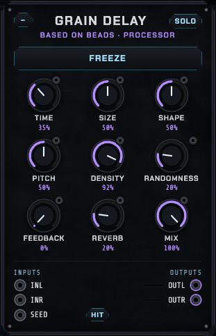 The Grain delay: time, size, shape, pitch, density, randomness, feedback, reverb, mix and freeze.