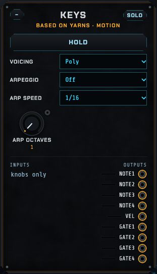 The Keys module: hold, voicing, arpeggio, arp octaves and arp speed.