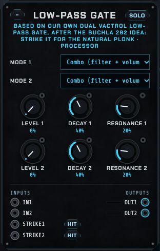 The Low-pass gate: two channels, each with level, decay, resonance and mode.