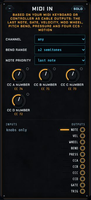 The MIDI in module: channel, bend range, note priority and four CC numbers, with note, gate, trigger, velocity, mod wheel, bend, pressure and CC outputs.