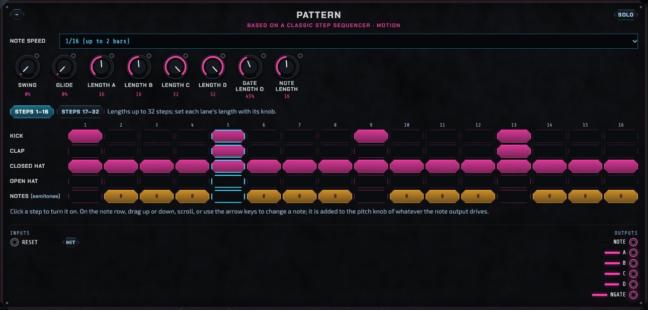 The Pattern module: note speed, swing, glide, lane lengths, gate and note length knobs, and a step grid with four lanes and a note row.