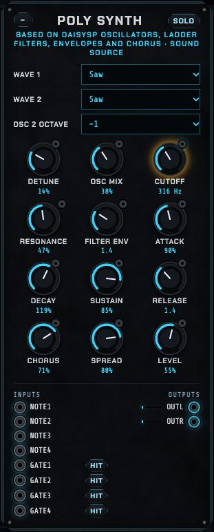 The Poly synth: wave selectors, octave, detune, oscillator mix, cutoff, resonance, filter envelope, attack, decay, sustain, release, chorus, spread and level.