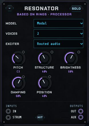 The Resonator: model, voices, pitch, structure, brightness, damping, position, exciter.