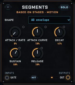 The Segments module: shape, attack or rate, attack curve, decay, sustain and release.