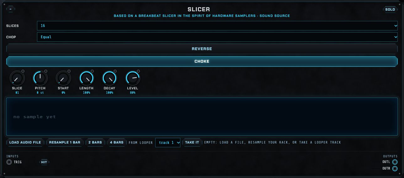 The Slicer: a waveform with slices, and controls for slices, chop, slice, pitch, start, length, decay, level, reverse and choke.