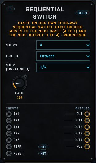 The Sequential switch: steps, order, step rate and fade, with four inputs into one output and one input to four outputs.