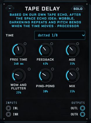 The Tape delay: time, free time, feedback, age, wow and flutter, ping-pong and mix.