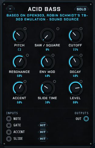 The Acid bass: pitch, saw/square, cutoff, resonance, env mod, decay, accent, slide time and level.