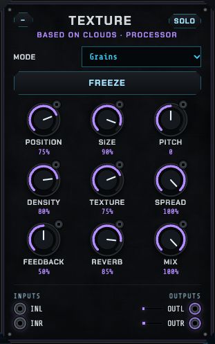 The Texture module: mode, position, size, pitch, density, texture, spread, feedback, reverb, mix and freeze.