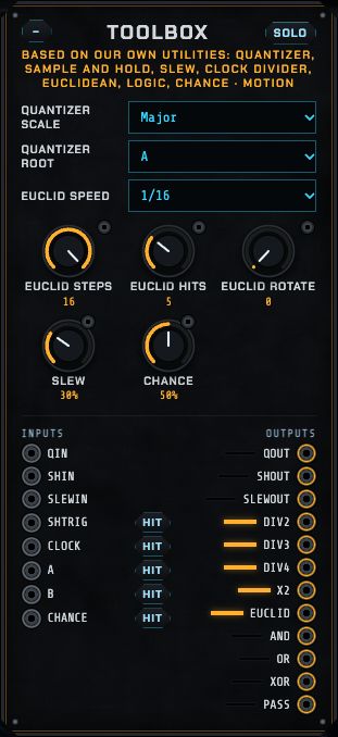 The Toolbox: quantizer scale and root, Euclid speed, steps, hits and rotate, slew and chance.
