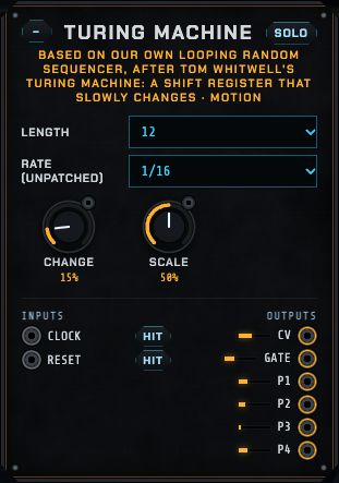 The Turing machine: length, change, scale and rate, with cv, gate and four pulse outputs.