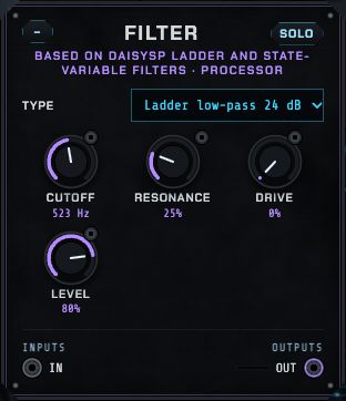 The Filter: a type selector and knobs for cutoff, resonance, drive and level.