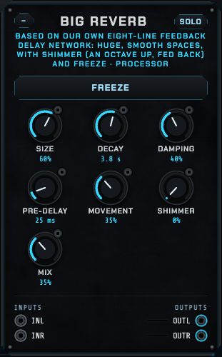 The Big reverb: size, decay, damping, pre-delay, movement, shimmer, freeze and mix.