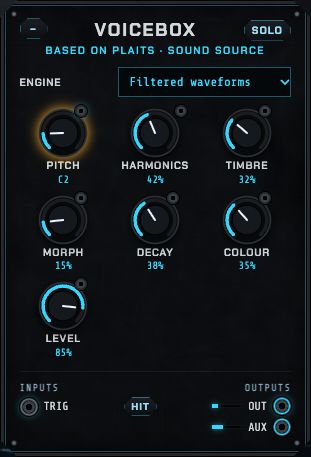 The Voicebox: an engine selector and knobs for pitch, harmonics, timbre, morph, decay, colour and level.