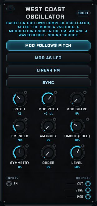 The West coast oscillator: pitch, mod pitch, mod follows pitch, mod as LFO, mod shape, FM index, linear FM, AM index, timbre, symmetry, order, sync and level.