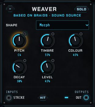 The Weaver: a shape selector and knobs for pitch, timbre, colour, decay and level.