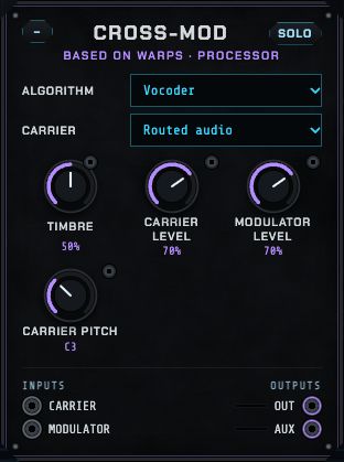 The Cross-mod: algorithm, timbre, carrier and modulator levels, carrier source and pitch.