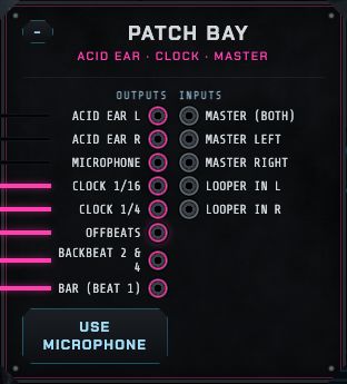 The patch bay module: outputs for the Acid Ear, the microphone and the system clocks; inputs for the master and the Looper.