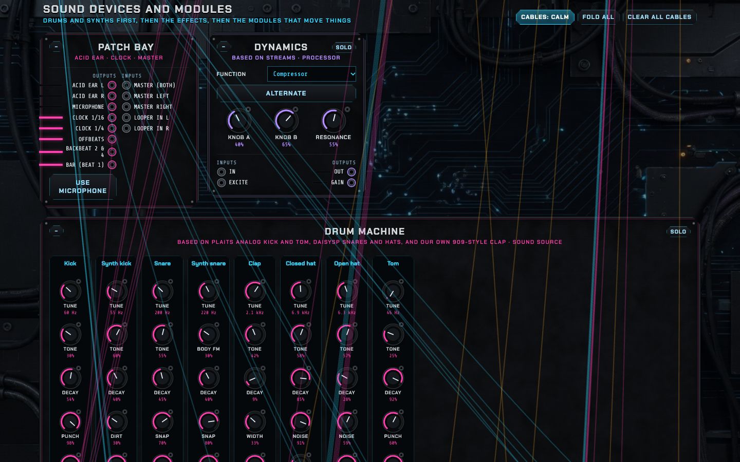 The rack of sound devices and modules, with blue, amber and pink cables running between them.