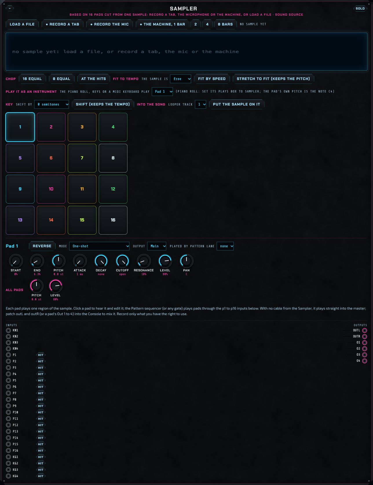 The Sampler: buttons to load a file or record a tab, the microphone or the machine; the waveform of the sample with sixteen coloured regions; chop, fit to tempo and key tools; sixteen pads and the selected pad's settings.
