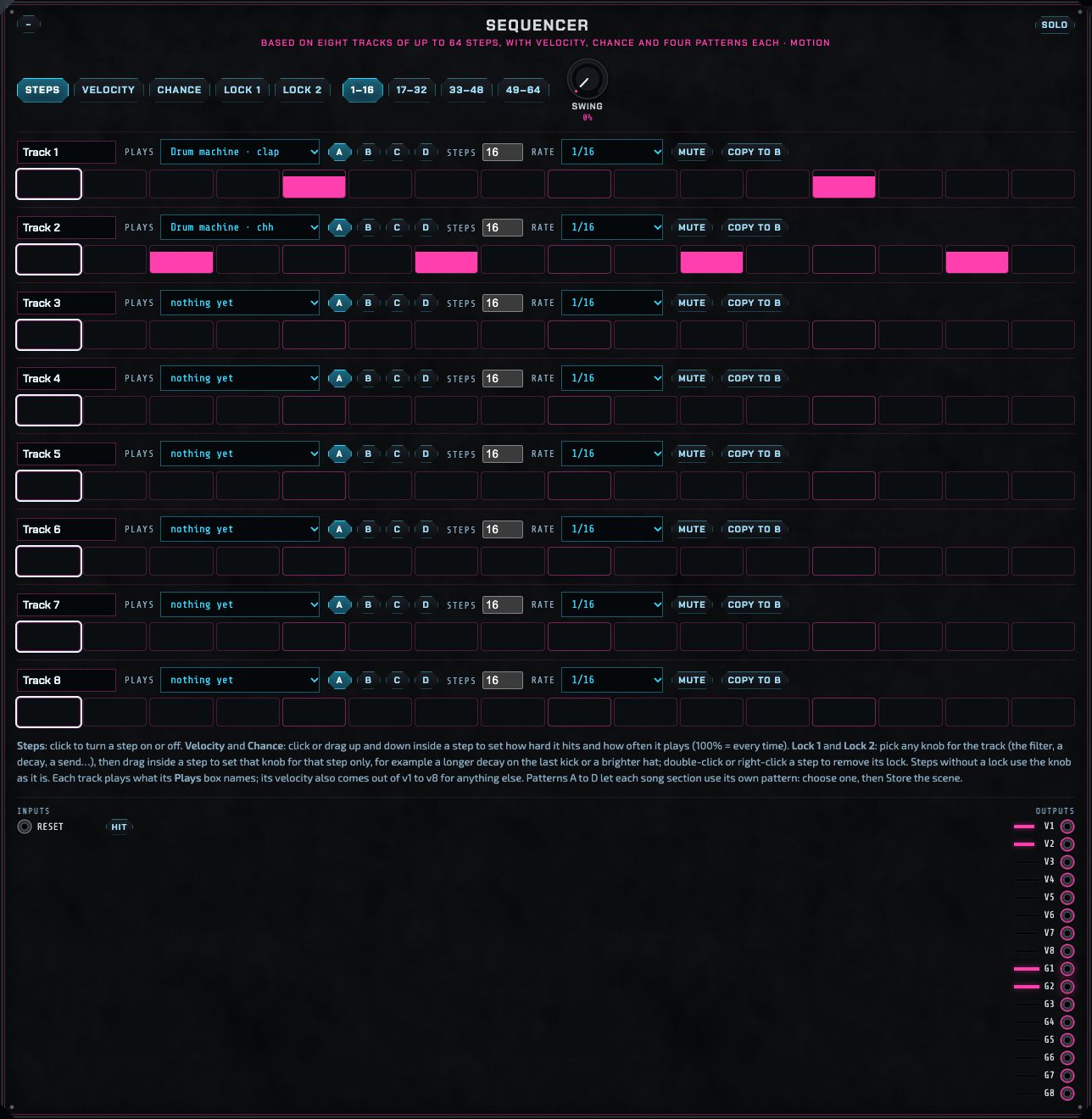The Sequencer: mode buttons (Steps, Velocity, Chance, Lock 1, Lock 2), page buttons, a Swing knob, and eight tracks each with a name, a Plays list, patterns A to D, steps, rate, mute and copy, and a row of step cells.